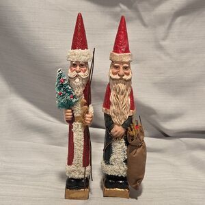 Vintage Santa Tall Skinny Pencil Figures Old World Type Santa Tree Sack Lot X2